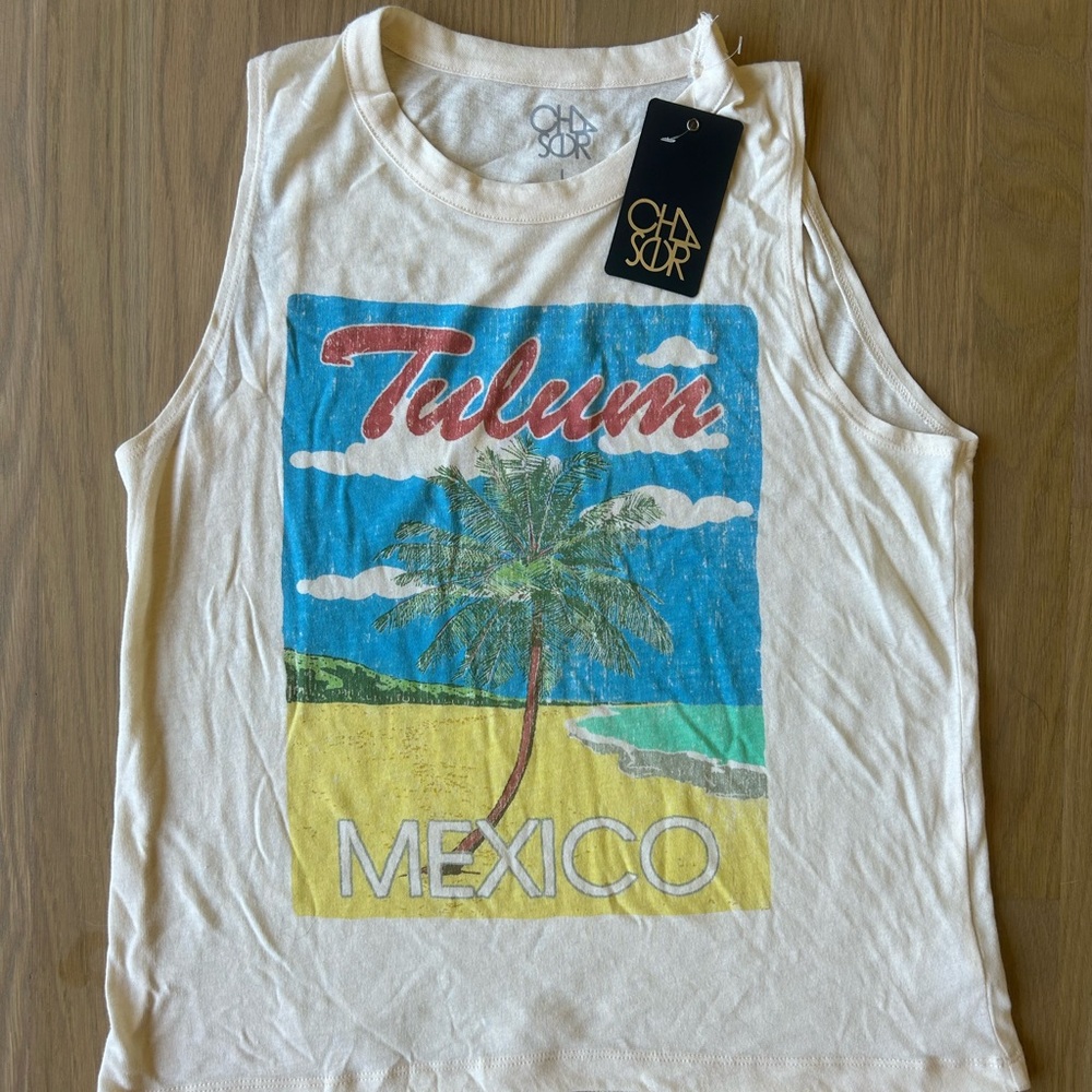 Chaser White Blue Muscle Tee Tropical Graphic